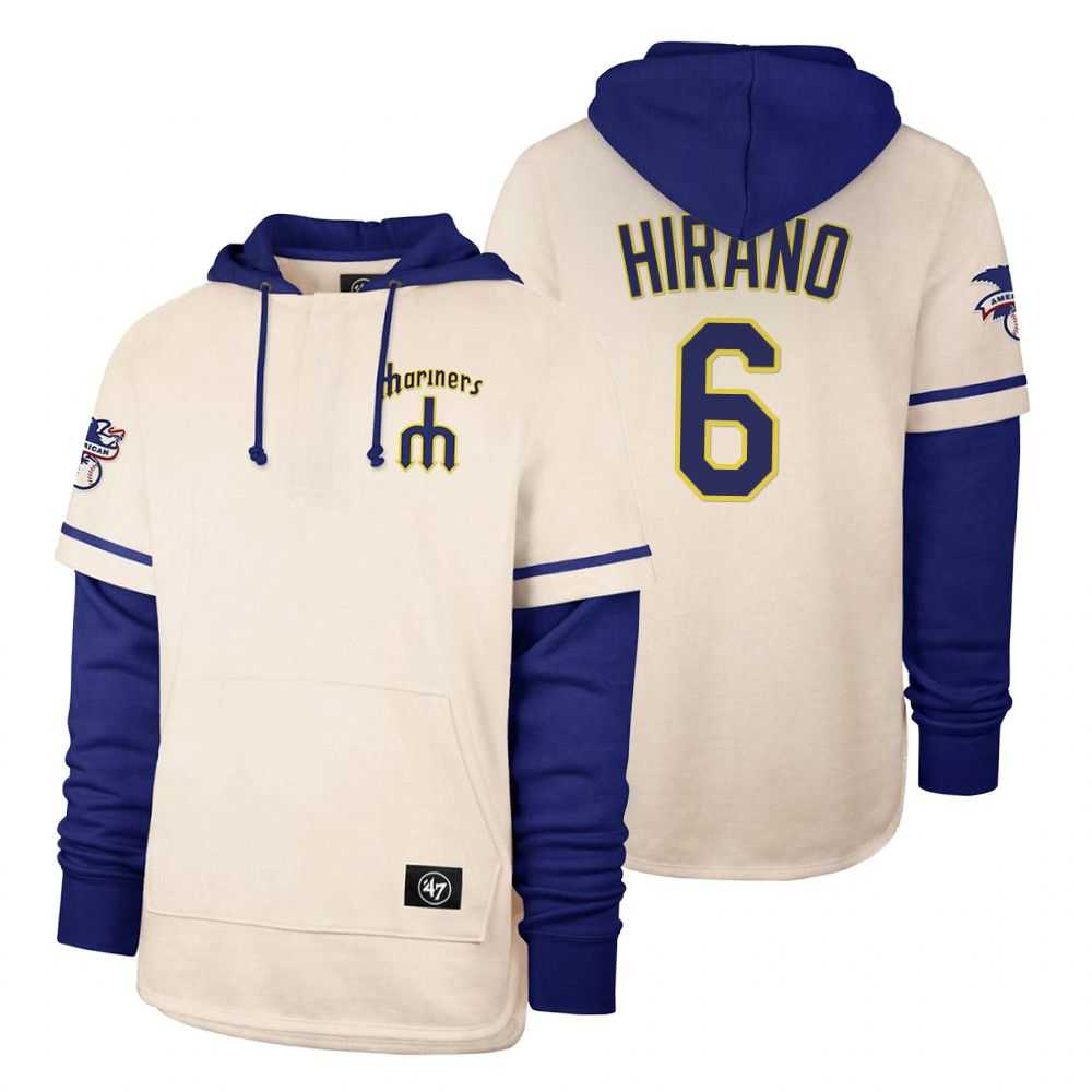 Men Seattle Mariners 6 Hirano Cream 2021 Pullover Hoodie MLB Jersey